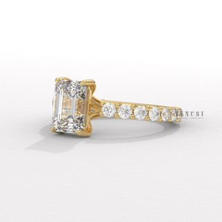 Emerald cut moissanite diamond ring close up