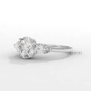 Round cut moissanite engagement ring angled view