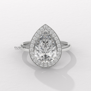 Halo Solitaire Pear Cut Moissanite Engagement Ring profile view