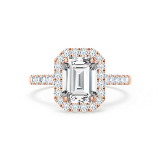 Elegant 1.01ct emerald halo moissanite ring shown on a finger