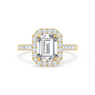 Bold 1.01ct emerald halo moissanite ring shown on a finger
