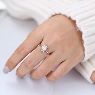 0.92 CT Emerald Brilliant Cluster Moissanite Engagement Ring angle view