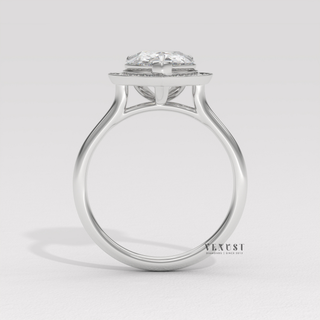 Halo Solitaire Pear Cut Moissanite Engagement Ring studio view
