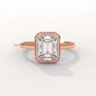 Halo Solitaire Moissanite Emerald Cut Engagement Ring angled view