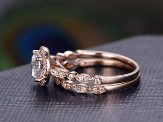 Shimmering 0.75ct round halo moissanite ring close up of the setting