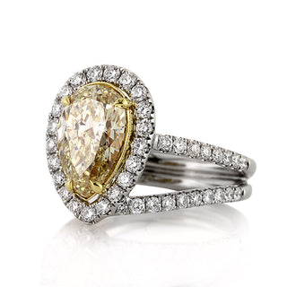 Yellow pear halo bypass moissanite engagement ring side detail view