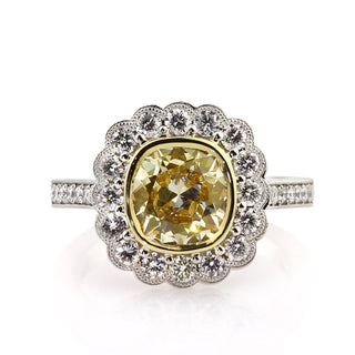 Old mine cushion halo pave moissanite bridal ring front view