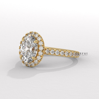 Sparkling Halo Pave Oval Cut Moissanite Engagement Ring side view