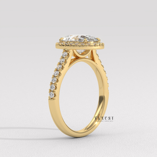 Dazzling Halo Pave Oval Cut Moissanite Engagement Ring three quarter view