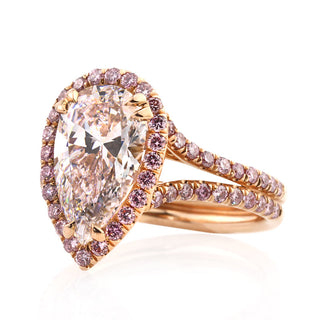 Vivid pear halo split shank moissanite ring side detail view