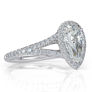 Pear halo split shank moissanite ring side detail view
