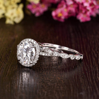 Luminous 1.50ct oval halo moissanite ring close up of the setting image 2