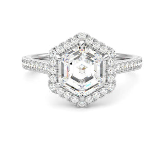 hexagon moissanite ring halo pave front view
