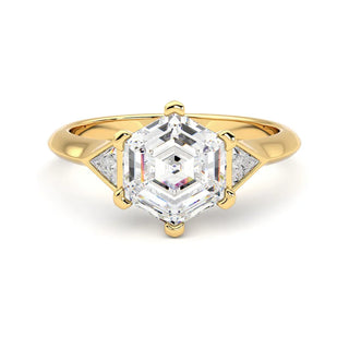 three stone moissanite ring hexagon center front view