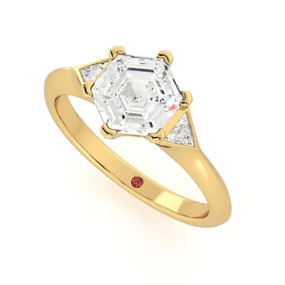 three stone moissanite ring geometric side stones detail