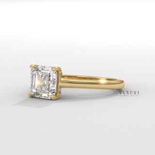 Top-down view of a asscher cut moissanite engagement ring with a hidden halo and cathedral setting