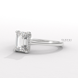 Moissanite emerald cut ring side profile  Emerald Cathedral Halo detail view 4