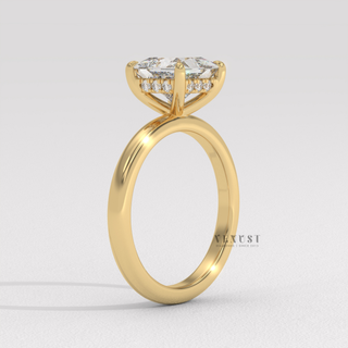 Close-up of a princess cut moissanite engagement ring in a hidden halo solitaire setting