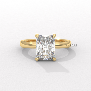 Detailed setting shot of a radiant cut moissanite engagement ring in a hidden halo solitaire setting