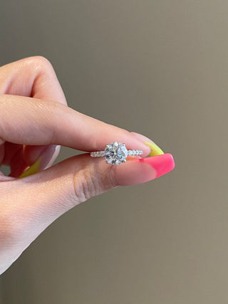 Lustrous 2.0ct round hidden halo moissanite ring front view