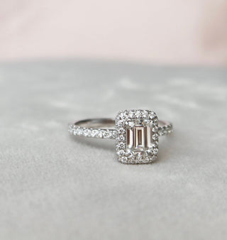 Dazzling 1.0ct emerald halo moissanite ring angled view showing its sparkle