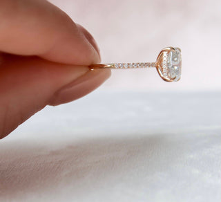 Gorgeous 2.50ct cushion hidden halo moissanite ring close up of the setting