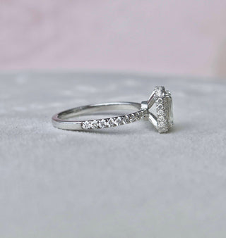Elegant 1.0ct emerald halo moissanite ring three quarter angled view