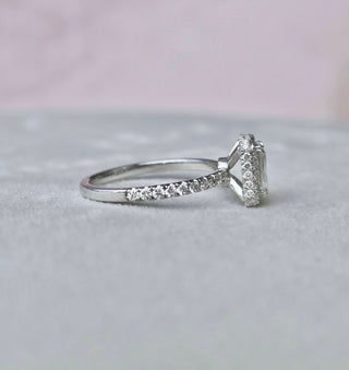 Chic 1.0ct emerald halo moissanite ring three quarter angled view