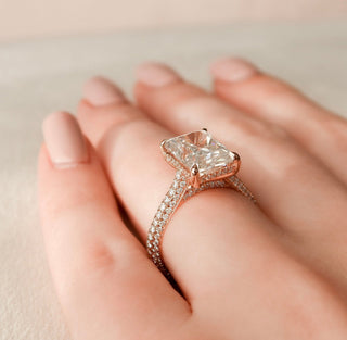 5.50CT Radiant Cut Hidden Halo Three Side Pave Diamond Moissanite Engagement Ring