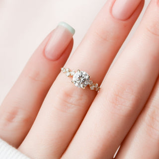 Classic 1.0ct round hidden halo moissanite ring angled view showing its sparkle