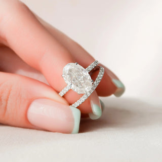 3.50CT Oval Cut Hidden Halo Eternity Pave Diamond Moissanite Bridal Engagement Ring Set