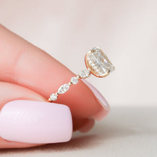Bold 2.50ct cushion hidden halo moissanite ring close up of the setting