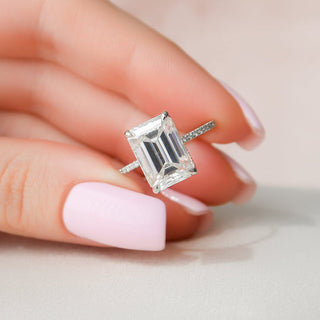 5.0CT Emerald Cut Hidden Halo Pave Diamond Moissanite  Engagement Ring