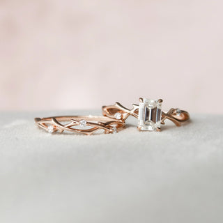1.0CT Emerald Cut Twig Nature Inspired Moissanite Bridal Engagement Ring Set
