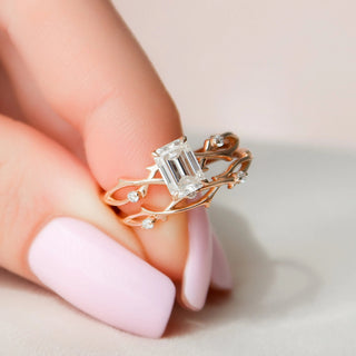 1.0CT Emerald Cut Twig Nature Inspired Moissanite Bridal Engagement Ring Set
