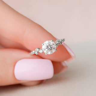 Chic 1.0ct round hidden halo moissanite ring three quarter angled view