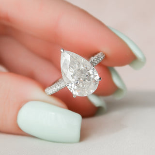 5.0CT Pear Cut Hidden Halo Three Side Pave Diamond Moissanite Engagement Ring
