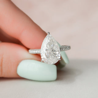 5.0CT Pear Cut Hidden Halo Three Side Pave Diamond Moissanite Engagement Ring