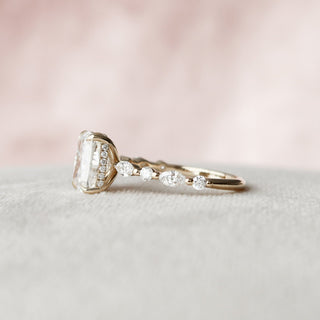 Bold 2.50ct cushion hidden halo moissanite ring detail view of the band