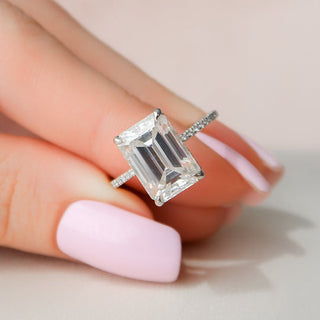 5.0CT Emerald Cut Hidden Halo Pave Diamond Moissanite  Engagement Ring