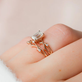 1.0CT Emerald Cut Twig Nature Inspired Moissanite Bridal Engagement Ring Set