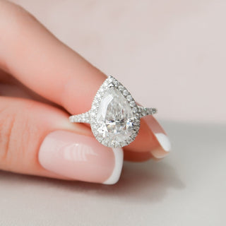 3.0CT Pear Cut Halo Split Shank Diamond Moissanite Engagement Ring