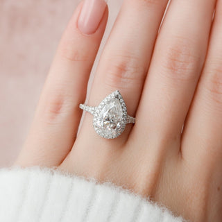 3.0CT Pear Cut Halo Split Shank Diamond Moissanite Engagement Ring