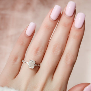 Bold 2.50ct cushion hidden halo moissanite ring side profile view