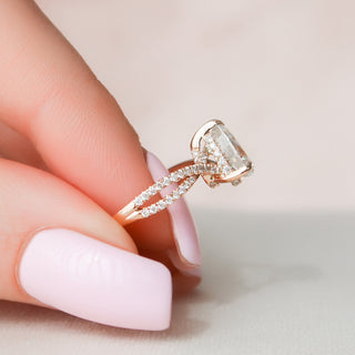 Delicate 1.0ct pear hidden halo moissanite ring side profile view