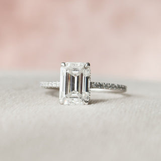 3.0ct Emerald Cut Hidden Halo Pave Moissanite Diamond Engagement Ring