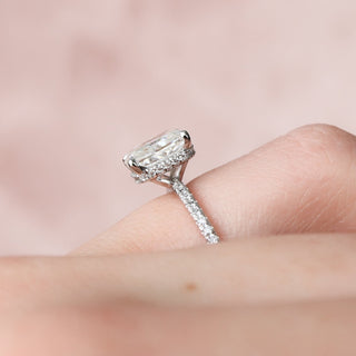 Bold 2.0ct cushion hidden halo moissanite ring three quarter angled view image 2