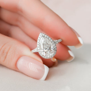 3.0CT Pear Cut Halo Split Shank Diamond Moissanite Engagement Ring