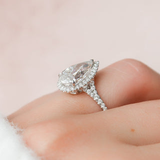 3.0CT Pear Cut Halo Split Shank Diamond Moissanite Engagement Ring