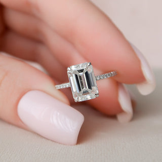 Refined 3.0ct emerald hidden halo moissanite ring front view